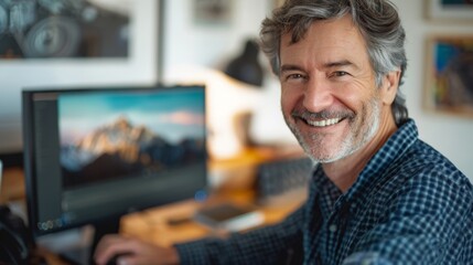 Smiling man with gray beard and hair wearing blue plaid shirt sitting at desk with computer monitor displaying mountain landscape.