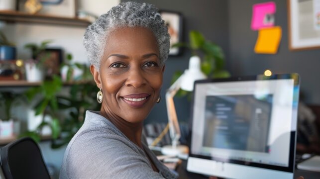 Smiling woman with gray hair wearing a gray blouse sitting at a desk with a com puter monitor displaying a colorful interface surrounded by a modern office setting with plants and shelves.