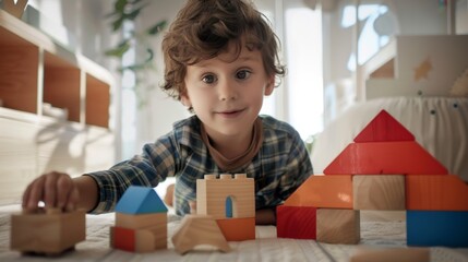 A young child with curly hair wearing a plaid shirt sitting on the floor and playing with wooden building blocks creating a small house.