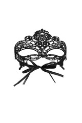 Close-up shot of a black lace eye mask with a ribbon tie back. Women's openwork eye mask for...