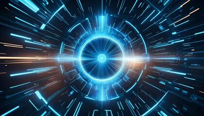 3D rendering blue round hologram emitting rays of light. Futuristic Sci-fi interface. Glow portal. Technology background. Good for tech title and background, news headline business intro screensaver."