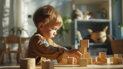 A young child with blonde hair wearing a brown shirt focused on stacking wooden blocks on a table.