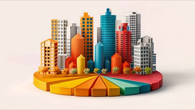 Modern real estate investment pie chart, threequarter view, dynamic colors, legible legends