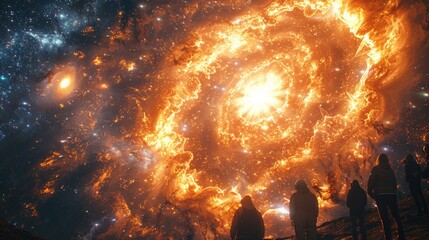 Astronomers observing a supernova explosion through a telescope,Bright burst of light from the supernova - obrazy, fototapety, plakaty