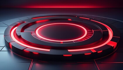 red glowing ring on floor. circle podium or teleport. futuristic product stand template with red abstract hi-tech