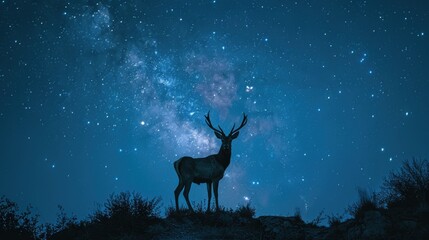 Starry Night Sky with Silhouette of a Deer on a Hilltop