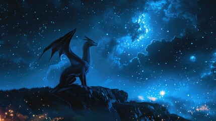 Mystical Dragon Silhouette Against Starry Night Sky
