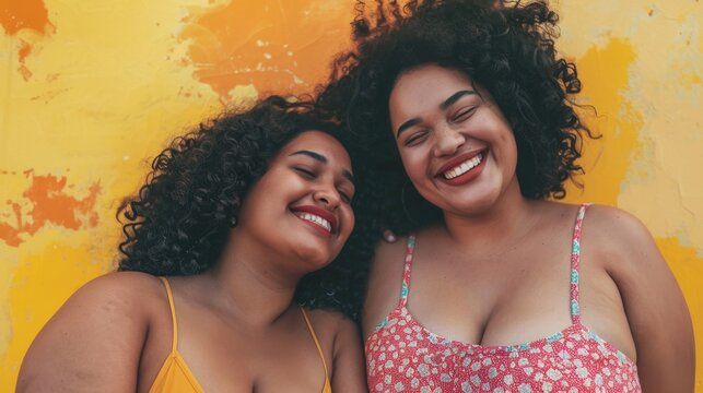 Two joyful women with curly hair wearing summer tops smiling and posing together against a vibrant yellow background with orange splashes.