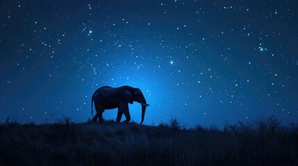 Elephant Silhouette with Full Moon in Starry Sky