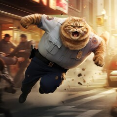 A Felidae in a police uniform is sprinting along the street