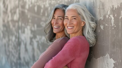 Two smiling women with gray hair wearing pink tops leaning against a textured wall with peeling paint.