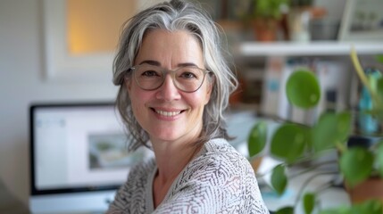 Fototapeta premium A smiling woman with gray hair wearing glasses sitting in front of a laptop in a cozy home office setting with plants and books.