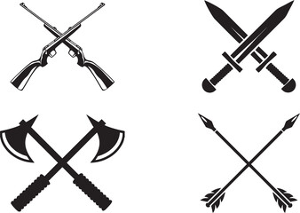 Crossed gun, sword, arrow, axe and Revolver grunge signs on white background.