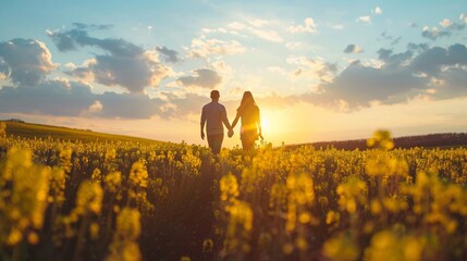 Zakochana para trzymająca się za ręce podczas zachodu słońca, wokół pole rzepaku