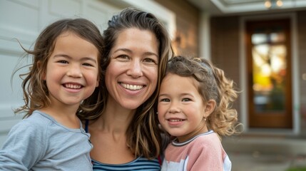 A joyful family moment captured with a mother and her two daughters smiling brightly together in...