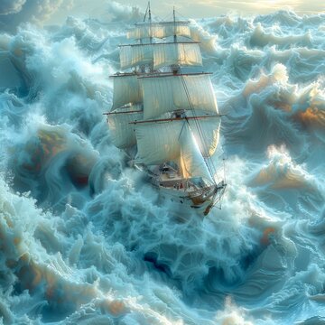 A ship sails through a very rough sea.