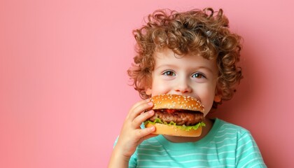 Young boy savoring delicious burger on pastel backdrop, ideal for text placement