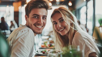 Fototapeta premium A young couple sharing a joyful moment together ata restaurant smiling at the camera with plates of food in front of them.