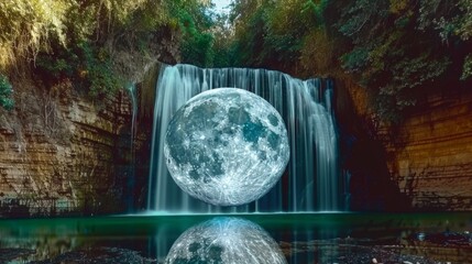 Mystical moon over a serene waterfall reflecting in a tranquil pool