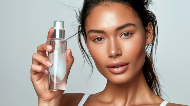 A woman with a glowing complexion and a neutral makeup look holding a clear bottle of liquid possibly a skincare or beauty product against a white background.