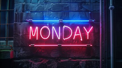 Neon Copyright text MONDAY on dark wall background