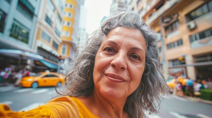 A woman with gray hair wearing a yellow top smiling at the camera standing in a bustling city...