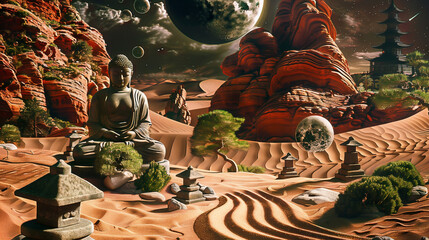 A surreal Zen garden meticulously raked on the red sands of Mars, with a backdrop of terraformed Japanese landscapes under a two-mooned sky. Astronaut monks meditate beside stone lanterns  - obrazy, fototapety, plakaty