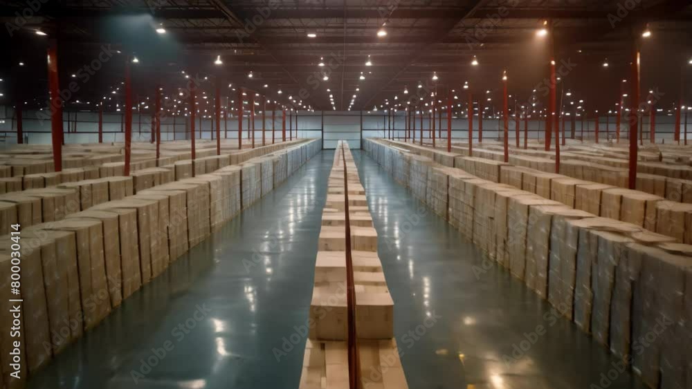 Poster a large, bustling warehouse filled with rows upon rows of neatly stacked boxes waiting to be shipped