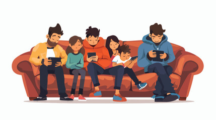 Sad family with mobile phones on sofa against white background