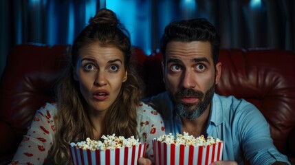 A man and woman sitting on a couch holding popcorn with wide-eyed expressions possibly reacting to a thrilling moment in a movie. - obrazy, fototapety, plakaty