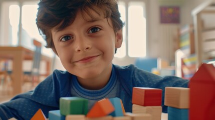 Young boy with curly hair smiling playing with colorful wooden blocks in a classroom setting.