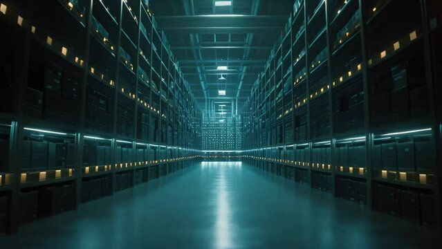 A vast room featuring an abundance of shelves, providing ample storage space for a variety of items, Visualization of cloud storage as a large warehouse