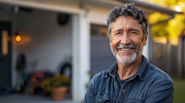 Smiling man with gray beard and hair wearing blue denim shirt standing in front of garage door with open window surrounded by potted plants and outdoor fu rniture. - Powered by Adobe