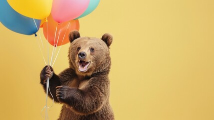 Cheerful bear clutching colorful birthday balloons, joy radiating against a soft yellow background - obrazy, fototapety, plakaty
