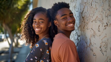 Two young people smiling and posing together against a textured wall enjoying a sunny day.