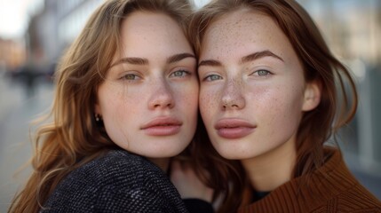 A close-up of two young women with freckles striking green eyes and full lips wearing brown and...