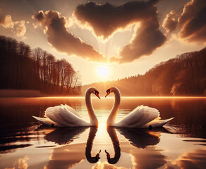 pair of two swans on the calm lake at sunset