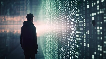 A person stands in front of a massive wall covered in numbers in a high-tech data center, Vivid conceptualisation of internet privacy - Powered by Adobe
