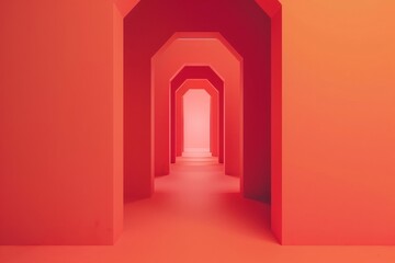 Vibrant Red Corridor with Geometric Depth Perspective
