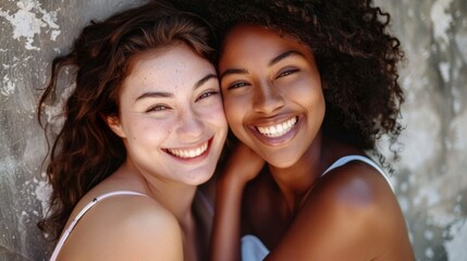 Two smiling women with curly hair one with lighter skin and the other with darker skin embracing and posing against a textured wall.