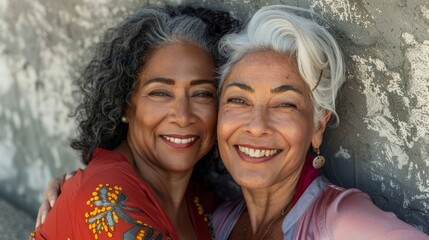 Two elderly women with gray hair smiling warmly embracing each other wearing colorful tops against a textured gray wall.