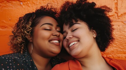 Two smiling women with curly hair wearing orange tops close together sharing a joyful moment against an orange textu red wall.