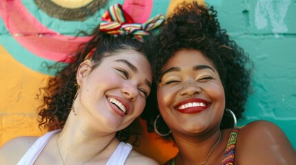 Two joyful women with curly hair one wearing a red bow smiling against a vibrant multicolored wall.