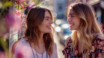 Two young women sharing a joyful moment smiling and laughing together with a blurred background of a street scene and pink flowers.