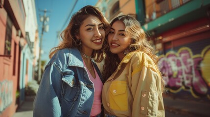 Two young women smiling and posing together in an urban setting with colorful graffiti on the background.