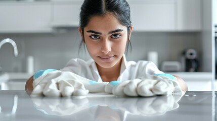 Young woman in white lab coat with gloved hands resting on counter in modern kitchen.