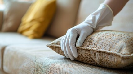Hand in white glove gently holding a pillow on a couch.