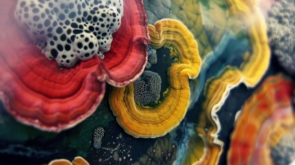 Artistic arrangement of vibrant mushrooms and wood in a rustic still life
