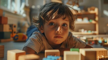 Young child with curious eyes focused on wooden blocks in a playroom with toys and shelves in the background.