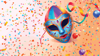 Carnival mask with ball and confetti on light background